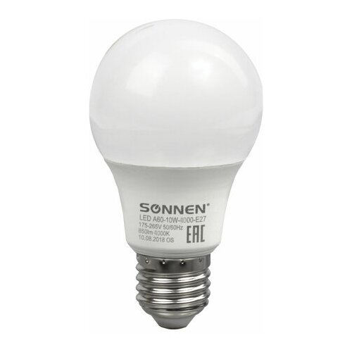 ����� ������������ SONNEN, 10 (85) ��, ������ �27, �����, ����������� ����� ����, 30000 �, LED A60-10W-4000-E27, 453696 82�