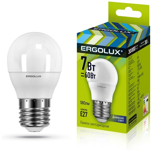  .   LED-G45-7W-E27-6K (7=60 550Lm E27 6500K 172-265) Ergolux,  252  Ergolux