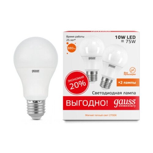 Gauss  LED Elementary A60 10W E27 2700K (2   ) 3  (. 23210P) 606