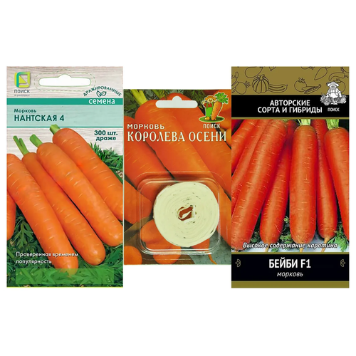 Набор семян овощей. Самые популярные сорта. Морковь Нантская 4 (драже) + Королева Осени (лента) + Бейби F1. 3 упаковки. Агрофирма Поиск 299р