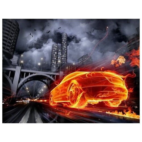       (Fiery car in a futuristic city) 39. x 30. 1210